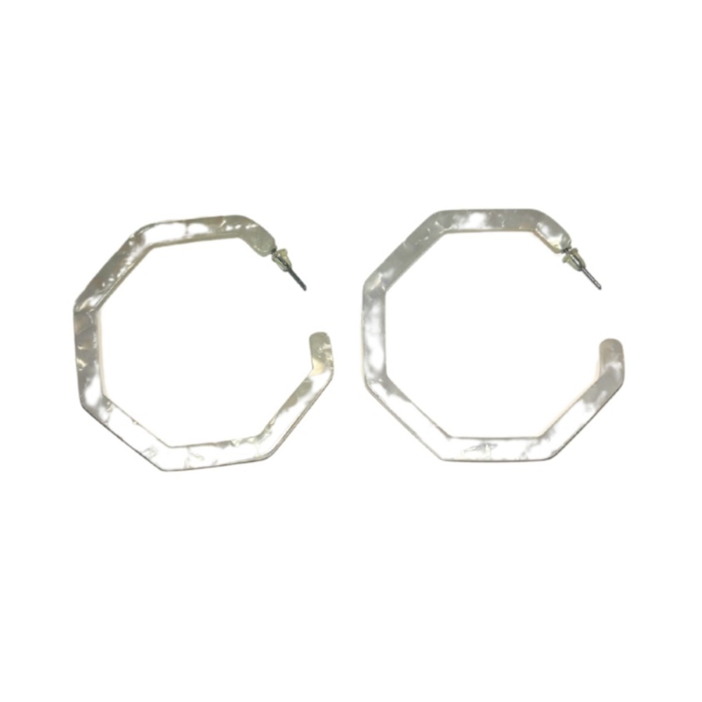 Mother of Pearl 2” Octagon Resin Hoop Earrings | White | New - Picture 3 of 5